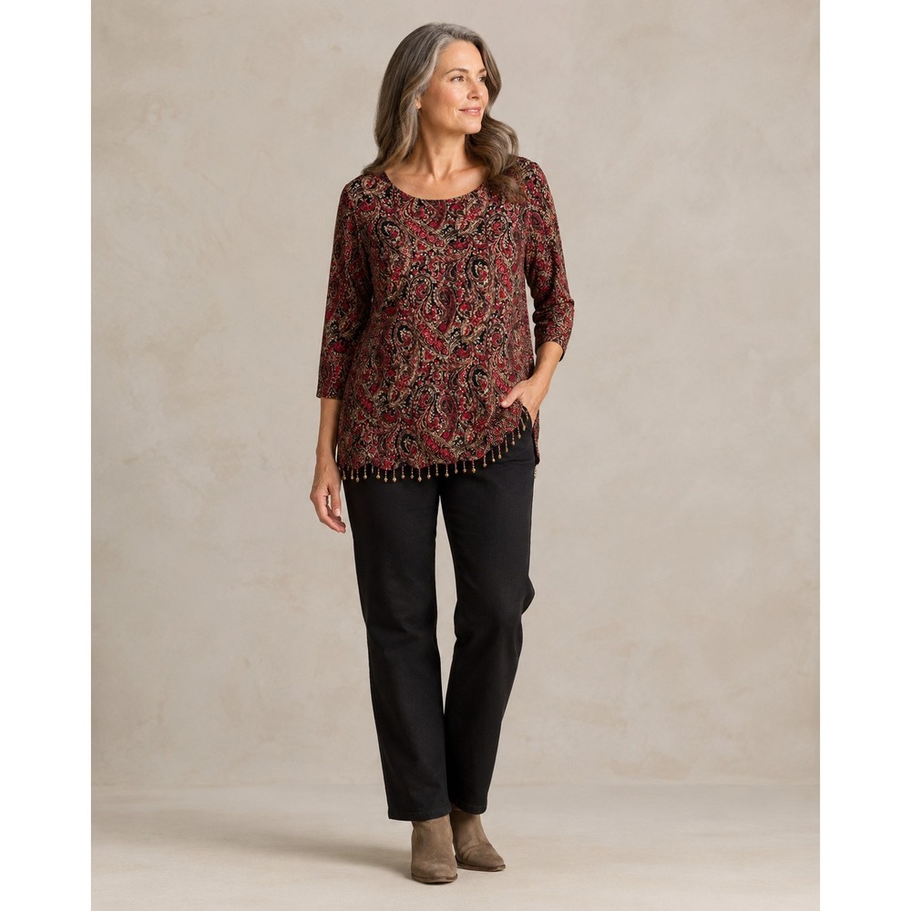 Coldwater Creek Long Sleeve‎ Top Womens XL Red Paisley Beaded Fairy Vintage